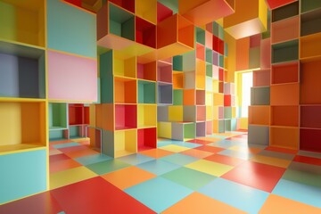 Poster - Vibrant room filled with colorful shelves and checkered floor, creating a playful and modern atmosphere