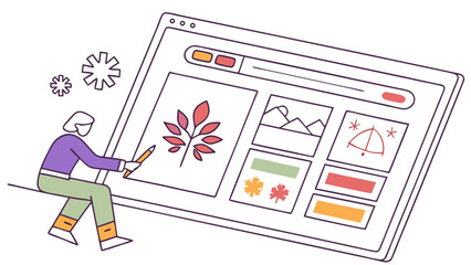 Person sitting and drawing on a web design interface with autumn themed icons in a large browser window