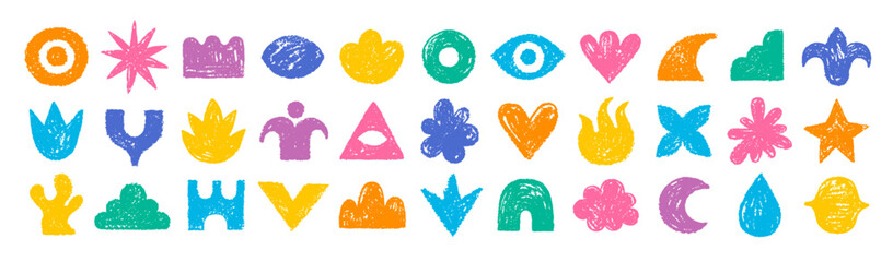 Aufkleber - Organic shape, abstract hand drawn element. Vector figure background. Graphic sticker icon. Flower, star, heart, geometric and organic shape figure. Cute color forms design. Doodle kid brush crayon bg