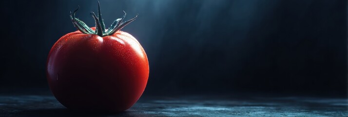Poster - Glowing Tomato Illuminated Against a Dark Background With Cinematic Lighting Emphasizing Its Vibrant Color and Texture