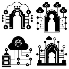 Poster - Four stylized cloud computing icons with architectural and circuit board elements displayed