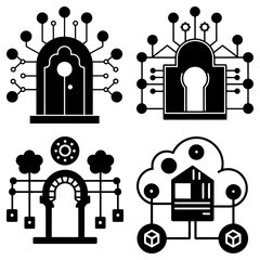 Poster - Four black and white icons depicting digital portals and cloud computing concepts in a vector format