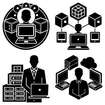 Illustrations of data networking concepts with computers servers and human silhouettes in black and white style