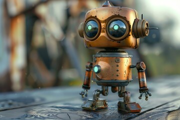 Poster - Small vintage toy robot with glowing eyes is standing on wooden surface