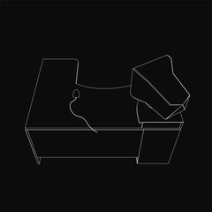 Poster - A black and white line drawing of a couch features a box on top, set against a dark background. The retro style resembles vintage computer or table designs, with clean lines and minimal details.