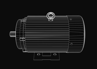 Poster - black and white electric motor drawing with detailed components and visible wiring on a dark backgro