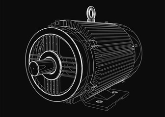 Poster - a black and white 3d contour drawing of an electric motor with detailed components, isolated on a da