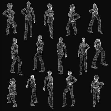 A 3D wireframe model of a woman's body in dynamic poses against a black background. The detailed skeletal structure highlights realistic anatomy with clean lines and depth.
