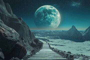 Wall Mural - stairway leading through mountains to large planet in alien landscape
