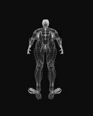 Poster - A black and white wireframe of a man's torso reveals intricate musculature and skeletal details against a dark background. The stylized 3D rendering highlights anatomical precision with clean.