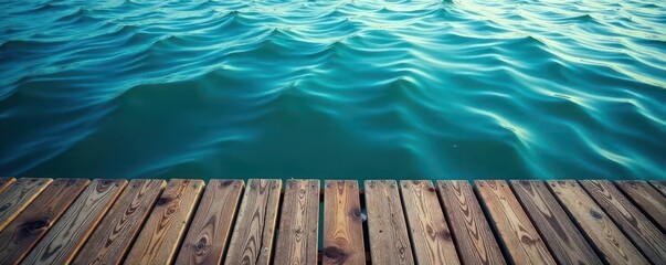 Wall Mural - Dark blue water laps a rustic brown wooden dock , tranquil, horizon, nature