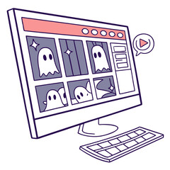 Fototapete - Computer screen displaying a grid of ghost themed images with a keyboard in the foreground view scene