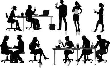 Poster - Silhouetted office workers engaged in various activities at desks and in meetings in a workspace area
