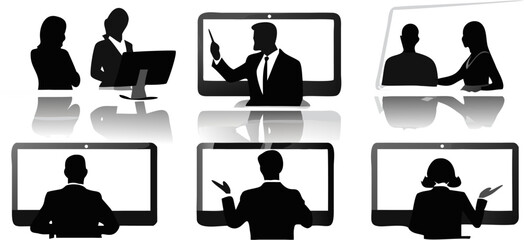 Poster - Silhouettes of people in video conference calls and online meetings on computer screens in black and white