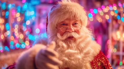Wall Mural - santa claus smiling warmly, surrounded by colorful, festive christmas lights in a cozy holiday setti