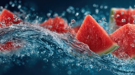 Wall Mural - Fresh watermelon slices splash through crystal-clear water, creating a vibrant and refreshing scene against a deep blue background.
