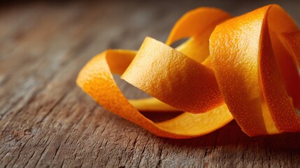Poster - Decorative Orange Peel Spiral Rests Elegantly on Weathered Wooden Surface During Bright Daylight