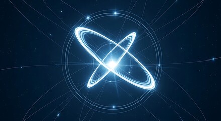 Poster - Abstract glowing illustration of an atom or molecule with orbiting rings and connecting lines against a dark blue background.