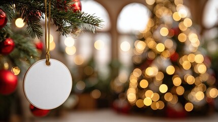 Wall Mural - christmas tree with blank ornament and festive bokeh lights in the background, creating a warm holid