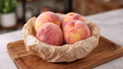 Wall Mural - Fresh peaches in a paper-lined wooden bowl on a kitchen counter, showcasing natural textures and vibrant colors.