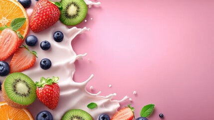 Wall Mural - Fresh fruits with milk splashes on a pink background create a vibrant and appetizing composition.