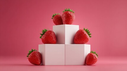 Wall Mural - Fresh strawberries arranged on white cubes against a pink background, creating a minimalist and vibrant composition.