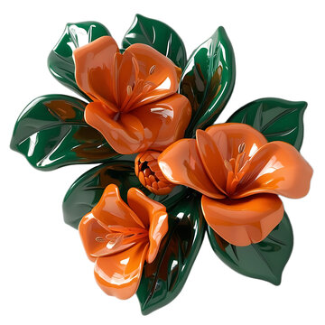 Glossy orange flowers with green leaves on a black background art