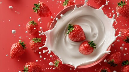 Wall Mural - Fresh strawberries splashing into a bowl of creamy milk on a vibrant red background, creating a dynamic and appetizing visual.