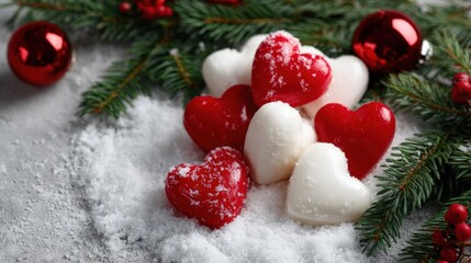Wall Mural - red and white heart-shaped decorations on snow with pine branches and red baubles, creating a festiv