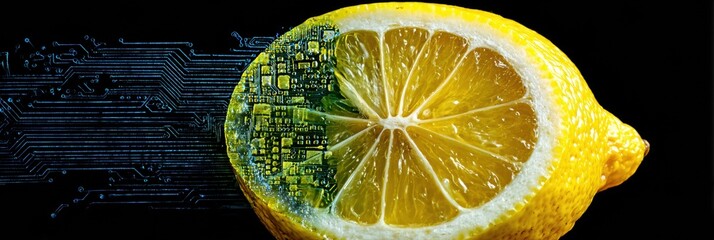 Poster - Half Lemon With Digital Circuit Texture Conveys the Fusion of Nature and Technology in a Conceptual Still Life Setting