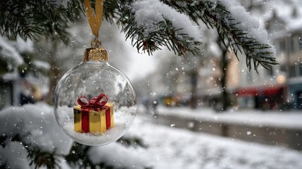 Wall Mural - a snow-covered pine branch holds a clear christmas ornament with a small gift inside, set against a 