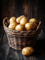 Aufkleber - Rustic Basket Filled With Earthy Potatoes Resting on Dark Wooden Surface With Rich Textures and Tones
