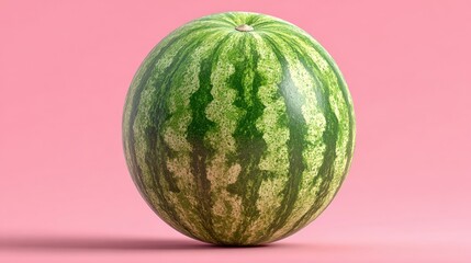 Wall Mural - Whole watermelon on a pink background, showcasing its vibrant green rind with striped patterns, creating a fresh and summery visual appeal.