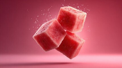 Wall Mural - Three frozen watermelon cubes levitate against a pink gradient background, surrounded by ice crystals, creating a refreshing and vibrant scene.