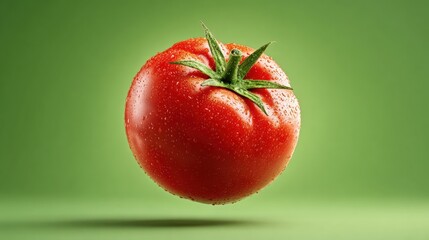 Wall Mural - Fresh ripe tomato with water droplets, floating against a vibrant green background.