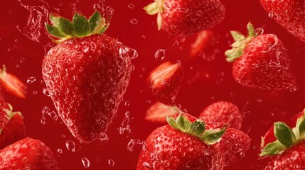 Wall Mural - Fresh strawberries splashing in water against a vibrant red background, capturing the essence of summer and freshness.