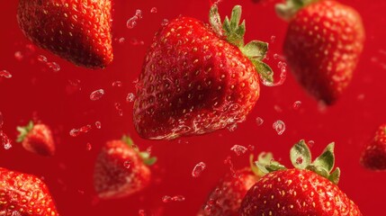 Wall Mural - Fresh strawberries with water droplets against a vibrant red background, creating a refreshing and juicy visual appeal.