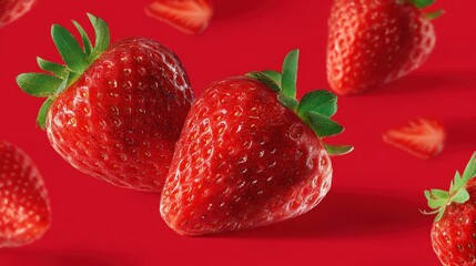 Wall Mural - Fresh strawberries with green leaves on a vibrant red background, showcasing their juicy texture and vivid color.