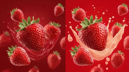 Wall Mural - Fresh strawberries splash in red liquid, creating a vibrant and dynamic scene of fruit and motion on a red background.