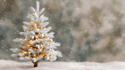 Wall Mural - A white Christmas tree adorned with golden lights and ornaments stands in a snowy setting, capturing the essence of a winter holiday scene.