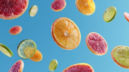 Poster - Floating Fruit Slices Drift Through Zero Gravity, Showcasing Vibrant Colors and Textures Against a Clear Blue Background