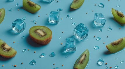 Wall Mural - Fresh kiwi slices and ice cubes arranged on a blue background, creating a refreshing and vibrant composition.