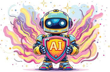 Poster - Colorful cartoon robot with ai shield futuristic illustration with artistic abstract background.