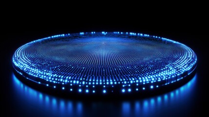 Poster - Abstract blue LED light circular platform on dark background.