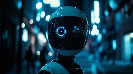 Poster - Futuristic robot head with glowing eye in a vibrant city at night.