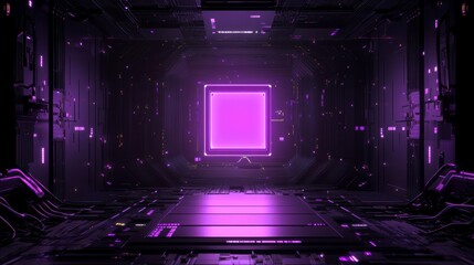 Poster - Futuristic purple neon glowing square in dark tech corridor.