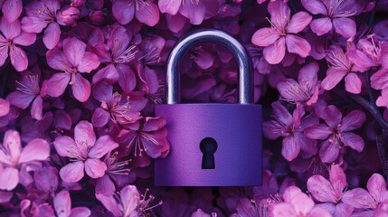 Poster - Purple padlock nestled amongst vibrant pink blossoms.