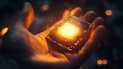 Poster - A hand gently holds a glowing microchip, representing technological advancement and innovation.