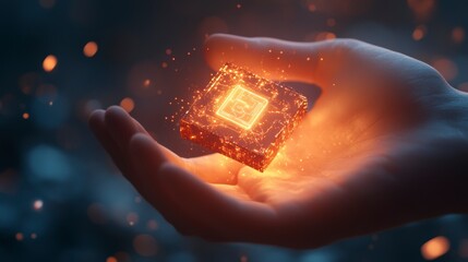 Poster - Glowing cube held in hand, digital technology concept.