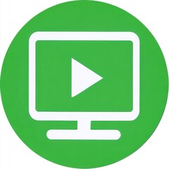 Fototapete - White-outlined computer monitor icon with play button symbol centered on solid green circular background, representing video-related function or application.